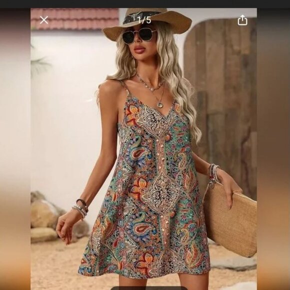 🥑2/100🥑NWT Colorful Summer Vacation Dress Spaghetti Straps Mini Dress V-neck - Picture 4 of 14